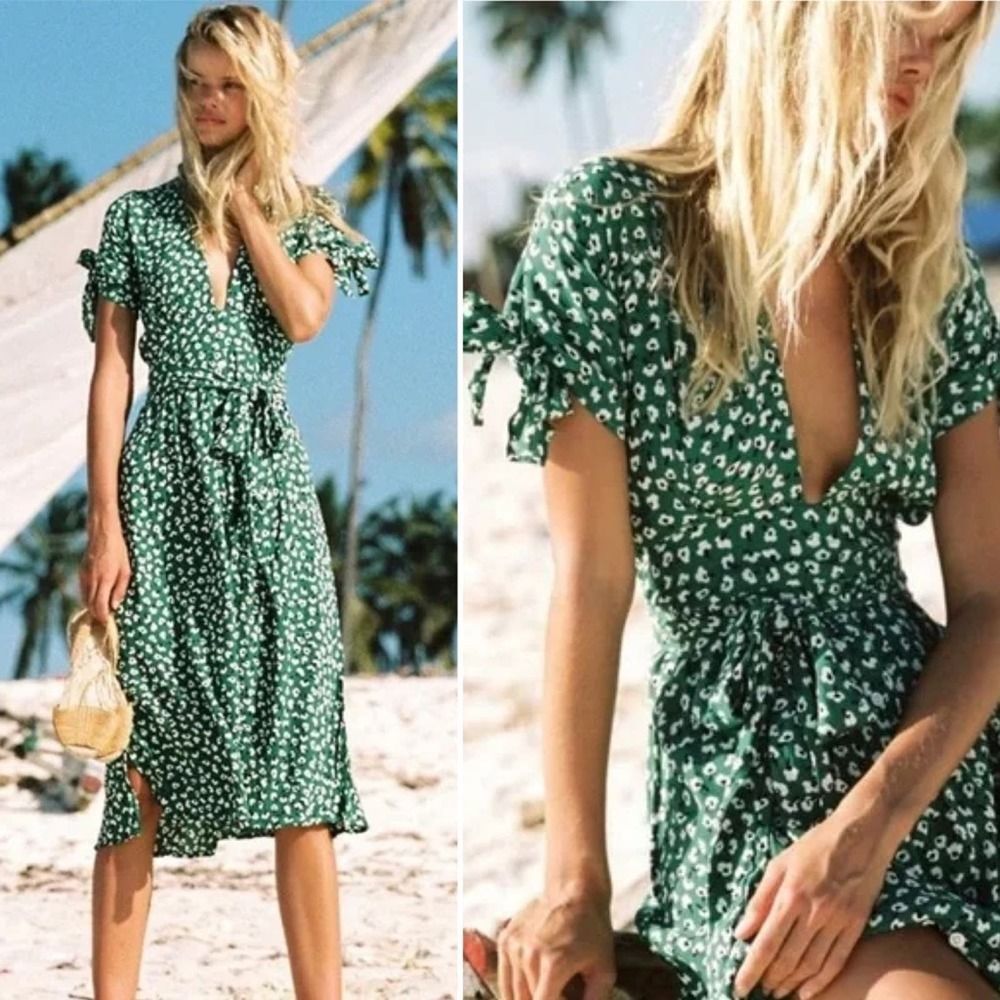Faithfull the Brand Nina Midi Dress Vintage Bloom Print Green Floral Size 6/M